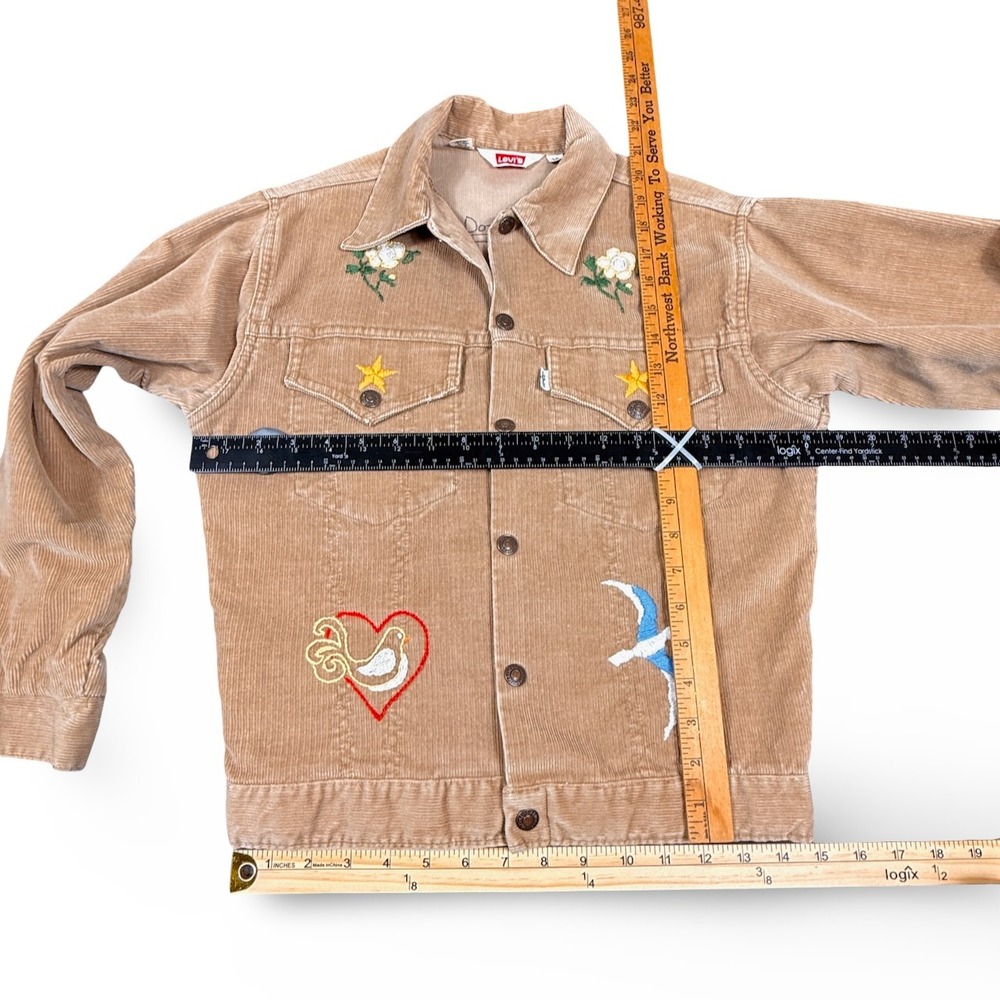 Levis OOAK Corduroy Trucker Jacket Girls 16 Women XS Boho Hand Embroidered Khaki - Picture 10 of 11
